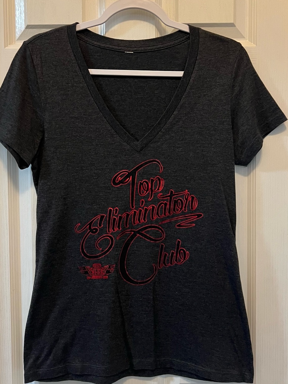 Top Eliminator Club V-Neck Tee - Charcoal with Red Script